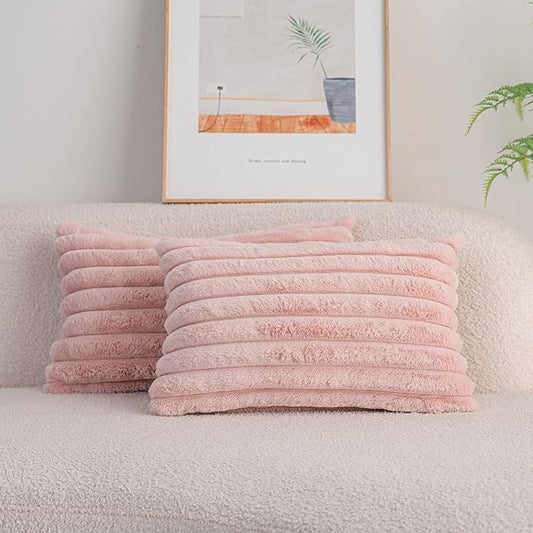 DEELAND Pack of 2,Double-Sided Faux Fur Plush Decorative Throw Pillow Covers Fuzzy Striped Soft Pillowcase Cushion Covers for Sofa Couch Bedroom