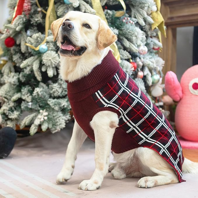 PUPTECK Dog Christmas Sweaters for Large Medium Small Dogs - Fall Classic Plaid Style Puppy Holiday Winter Coat Clothes Warm, Deep Red, XL