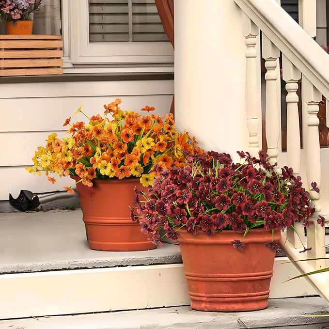 Artificial Fake Plants Flowers for Outdoor Outside Fall Decoration,12 Bundles Faux Silk Orange Daisy in Planter UV Resistant Look Real for Home Front Door Porch Patio Garden Balcony Autumn Decor