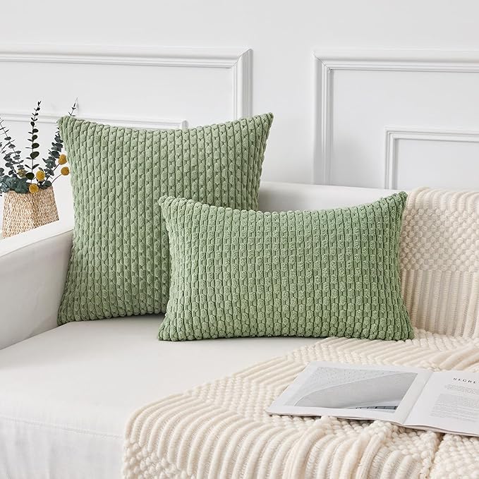 Kevin Textile 2 Packs Spring Sage Green Euro Farmhouse Decorative Throw Pillow Covers 26x26 Inch for Living Room Couch Bed Sofa Rustic Boho Home Decor Soft Striped Corduroy Square Cushion Case