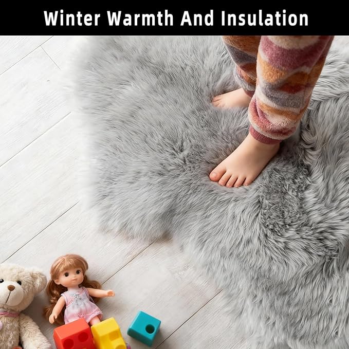 Grey Faux Fur Sheepskin Area Rug for Living Room Bedroom, 2 x 4 Feet Ultra Soft Shaggy Fuzzy Furry Carpet Chair Throw Rugs for Kids, Girls, Nursery Room Decor Dorms