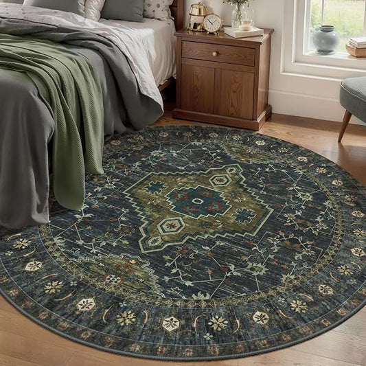 Tangsoo Green Round Rugs 5ft, Washable Circle Rug, Non Slip Boho Round Area Rug, Vintage Low Pile Circular Rugs, Round Carpet for Bedroom Living Room Nursery Dorm Office Olive Green