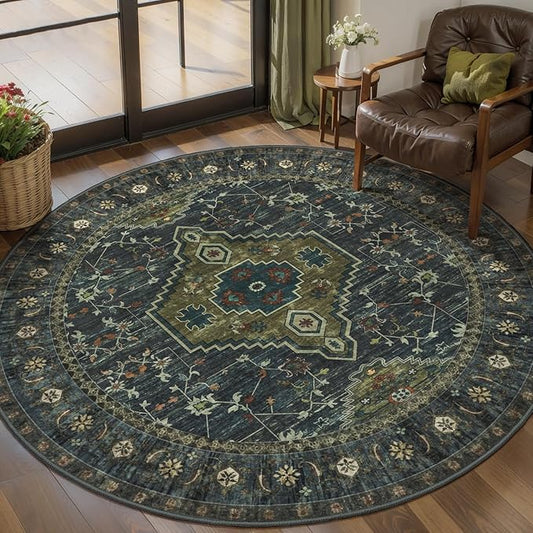 Tangsoo Green Round Rugs 4ft Washable Circle Rug, Non Slip Small Boho Round Area Rug, Oriental Low Pile Circular Rugs, Vintage Round Carpet for Living Room Bedroom,Entryway,Nursery,Dorm,Olive Green