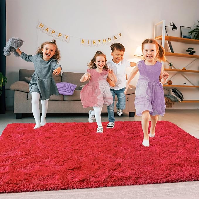 Ultra Fluffy Area Rugs for Living Room Bedroom, 6x9 Fuzzy Large Living Room Rugs, Thick Shag Rug for Dorm, Soft Non Slip Kids Girls Boys Rug for Home Decor Aesthetic, Red