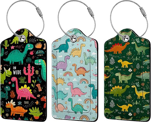 Cute Cartoon Dinosaur Luggage Tag 3 Pack Travel Cruise Luggage Tags for Suitcases, Identifiers Bag Tags with Privacy Flap, Baggage Name Tag for Women Men Luggage Backpack Handbag School Bag