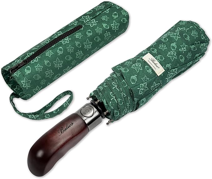 Balios Travel Folding Umbrella with Real Wood Handle Auto Open Close Vented Windproof Canopy - Designed in UK