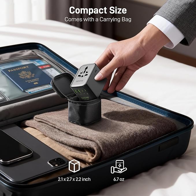 Epicka Pulse Duo 65W International Power Adapter, Universal Travel Adapter with 6-Port (2 AC/2 USB-A/2 USB-C), European Travel Plug Adapter with PD & QC 3.0 Fast Charging, Travel Essentials (Black)