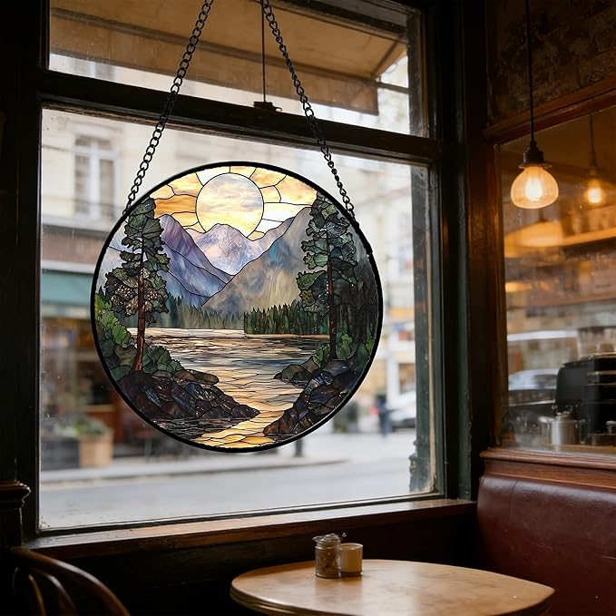 Stained Glass Window Hanging, Sunset Mountains Lake Tree Sun Catcher for Window Home Decor Landscape Suncatcher Mother's Day Birthday Gifts for Women Men Mom and Nana 15 in