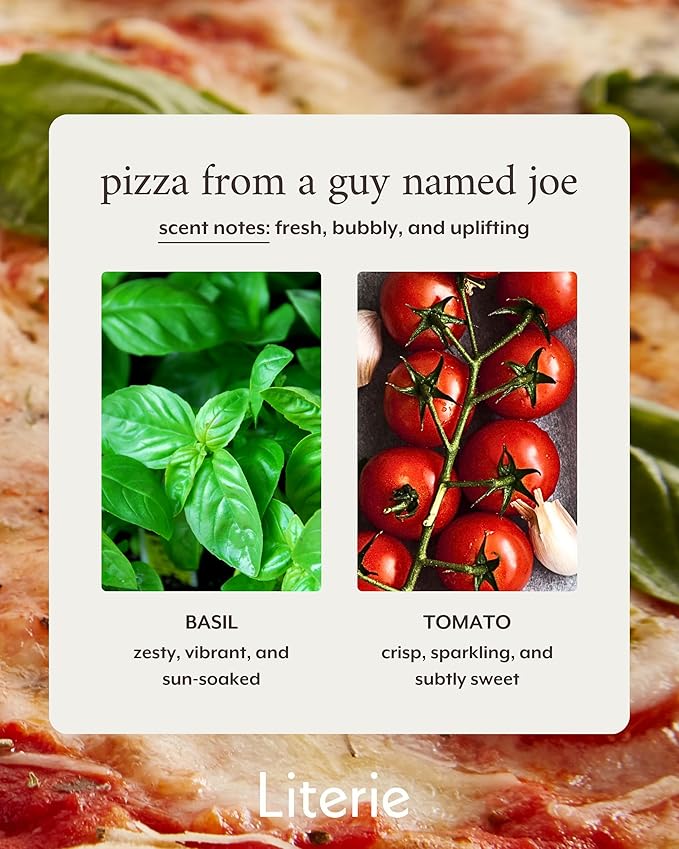 Literie NYC Inspired Scented Candle: Pizza from a Guy Named Joe - Tomato & Basil Scent, 9oz, 50 Hour Burn, Vegan Soy & Coconut Blend Candle for Home Decor, Gift for Women & Men