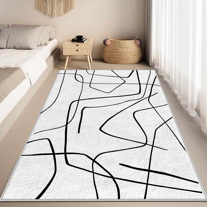 Black and White Rug - Abstract Area Rug, Black and White Rugs for Living Room, Modern Minimalist Washable Rugs, Contemporary Carpet Non Slip Home Decor, Curve 4x5