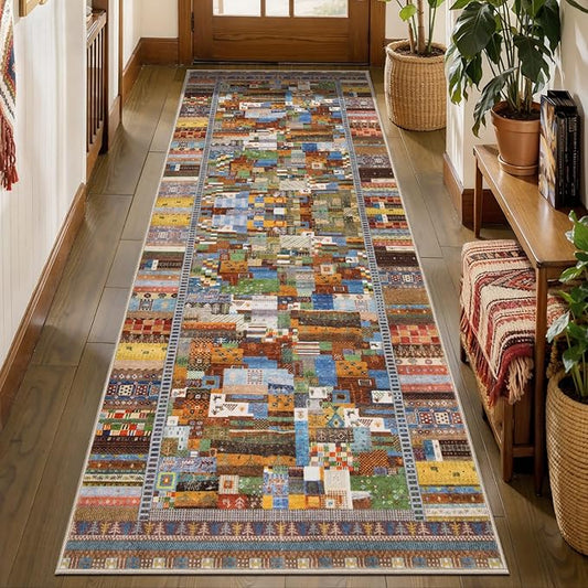 Tangsoo Washable Runner Rug Non Slip, 2x5 Vintage Runner Rug for Hallway, Soft Low Pile Tribal Carpet 2x5 Rug Runners for Kitchen Bathroom Laundry Bedroom Entrance Bedside (Yellow Multi)
