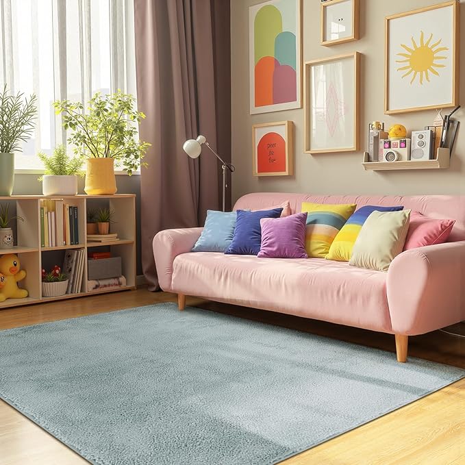 jinchan Solid Plush Area Rug 4x6 Performance Shaggy Washable Rug Indoor Soft Modern Faux Wool Cozy Non Slip Carpet for Living Room Kids Room Bedroom Dining Room Nursery Slate Blue