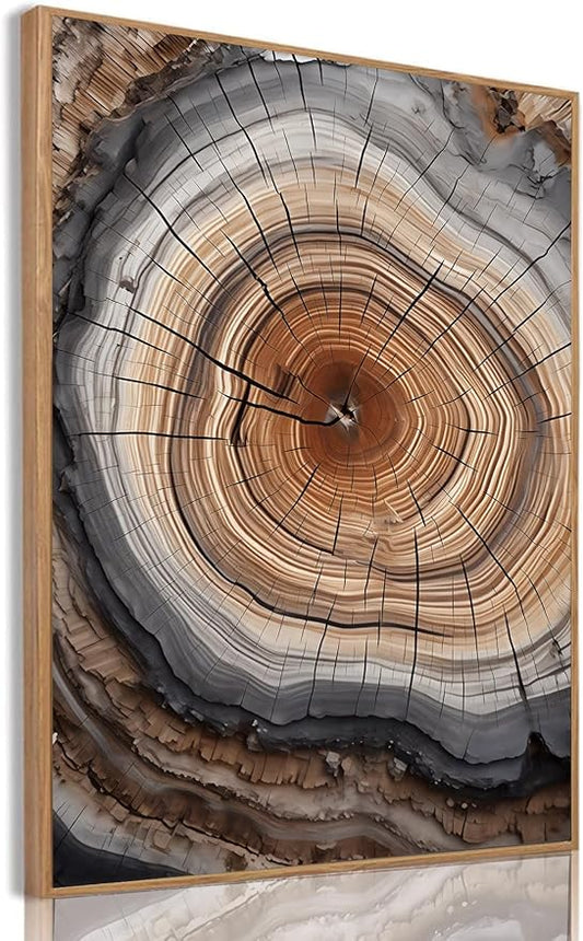 IBHJSART Framed Tree Ring Canvas Wall Art Vintage Colorful Wood Stump Painting Prints Modern Minimalist Pictures Neutral Nature Rustic Farmhouse Decor Living Room Bedroom Bathroom Office