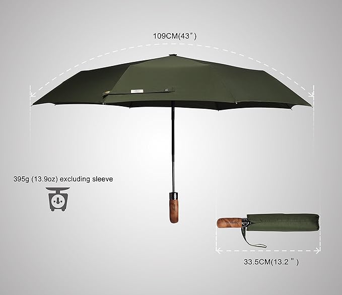 Balios Prestige Travel Folding Umbrella, Handmade Wood Handle, Auto Open & Close