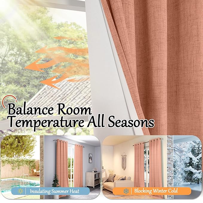 Lajode Terracotta 100% Linen Blackout Fall Curtains for Bedroom 95 Inch Long 52 Wide, Extra Long Thermal Insulated Light Blocking Curtains, Noise Refusing Window Drape Each 52x95 Inch 2 Panels