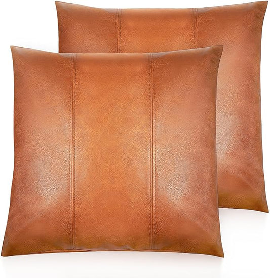 Faux Leather Throw Pillow Covers 24X24 Inch Set of 2 Brown Outdoor Modern Farmhouse Solid Decorative Pillow Covers for Room Couch Living Bedroom Bed Sofa