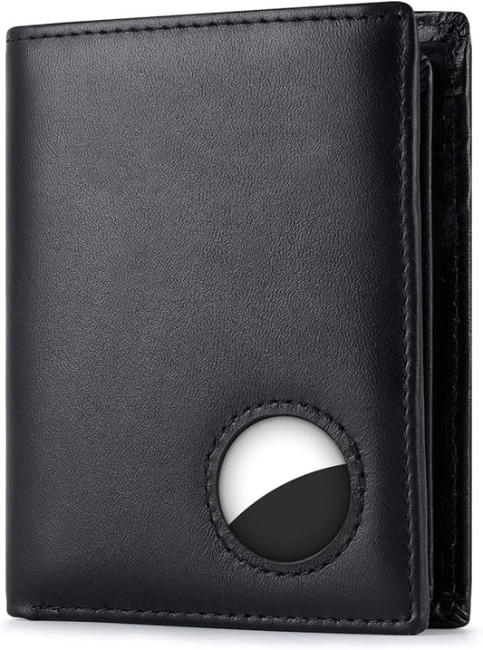 Swallowmall AirTag Wallet Mens RFID Blocking Genuine Leather Bifold Men's Wallet For air tag with 2 ID Window 11 Card Holders Vertical Black(Airtag Not included)