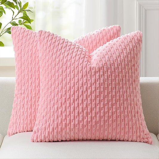 Kevin Textile Valentines Day Decorative Pillow Covers Set of 2 Striped Plush Corduroy Pillows Pillowcases Boho Home Decor Cushion Covers for Couch Sofa Bed Living Room 16x16 Inch, Pink