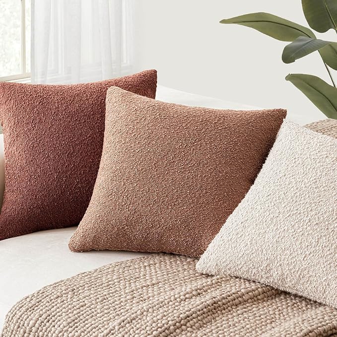 Foindtower Decorative Textured Boucle Throw Pillow Covers Accent Solid Pillow Cases Neutral Soft Cozy Couch Cushion Case for Chair Sofa Bedroom Living Room Home Decor 24x24 Inch,1PC,Dusty Orange Hazel