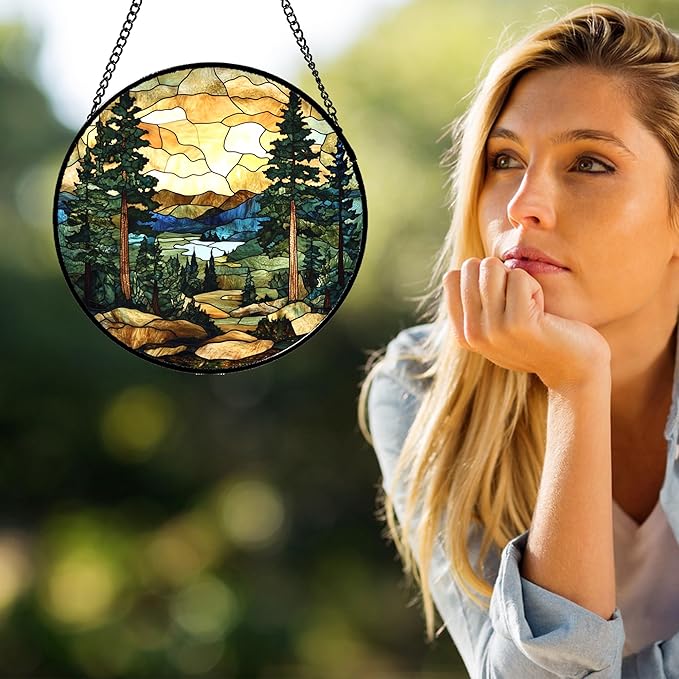 Stained Glass Window Hanging Forest Lake Mountain Sunset Large 15" - Suncatcher Door Garden Sunroom Sun Catcher Home Decor Birthday Christmas for Mom Men Woman Nana Friend