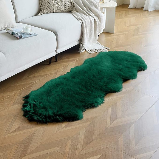duduta Emerald Green Faux Sheepskin Runner Rug 2x6 ft, Fluffy Shag Bedroom Dorm Rug Decor Fur Couch Sofa Covers Washable