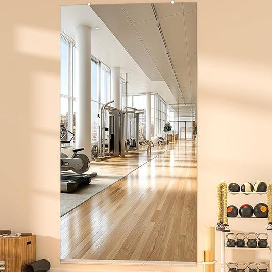 Hasipu Home Gym Mirror, 83"x40" Each, 1-Pack Frameless Wall Mounted Mirrors with Glass Clamps & 1 Aluminum Rail, Large Body Mirror for Home Gym, Yoga Studio, Bedroom, Silver Tempered Glass