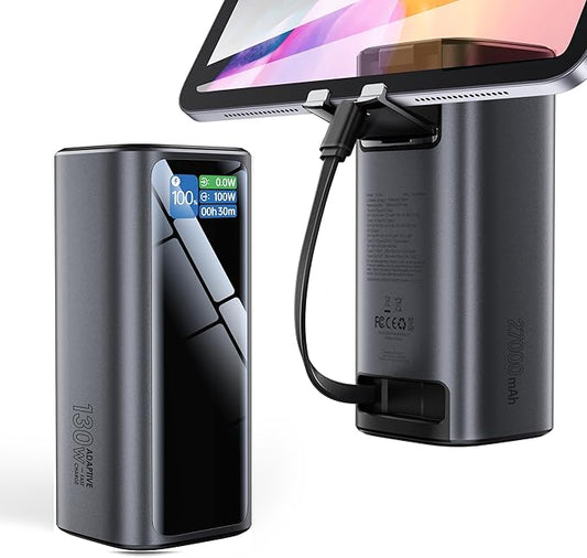 Laptop Power Bank, 130W Portable Charger with Dual Ports & Built-in Retractable Cable, 27000mAh Portable Power Bank with Smart Digital Display, for iPhone 17/16/15 Pro/Pro Max Series, MacBook, Android