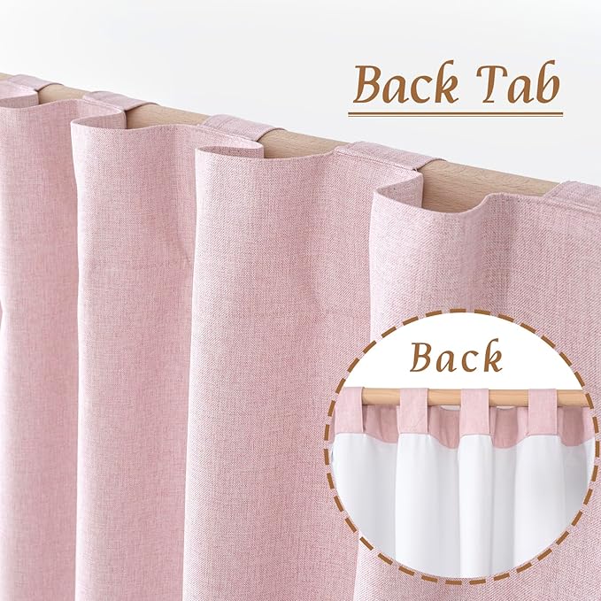 LAMIT 100% Blackout Linen Curtains 63 Inches Long, Linen Textured Living Room Farmhouse Curtains Full Room Darkening Back Tab and Rod Pocket Panels with White Liner, 2 Panels, Pink, 60 x 63 Inch
