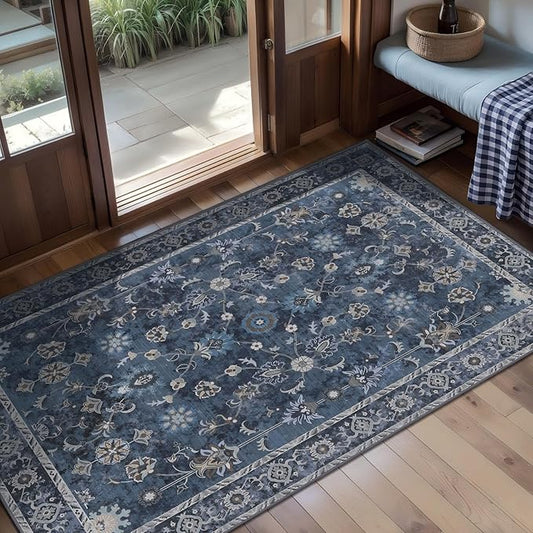 Tangsoo 2x4 Washable Rug for Entryway, Vintage Floral Entry Rug Non Slip, Indoor Front Door Small Rugs, Distressed Blue Print Door Mat Carpet, Soft Low Pile for Entrance Kitchen Bedroom Bathroom