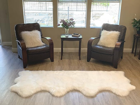 LAMBZY Faux Sheepskin Super Soft Hypoallergenic Silky Shag Rug for Living Room, Kids Room, Sofa (Quarto 4 Pelts Side by Side 3'x8', White)
