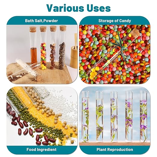 12pcs 10ml Glass Test Tube with Cork Stopper, 15x100mm Small Candy Storage Tube with Cap, Flat Bottom Tube, Plant Propagation Vase, Vial Set for Scientific Experiments Lab Liquid Party Decor