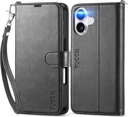 TUCCH Wallet Case for iPhone 17 (6.3") 2025, Wrist Strap RFID Blocking 4 Card Slots, Kickstand, Shockproof TPU Shell, PU Leather, Magnetic Closure, Protective Flip Folio Cover, Black