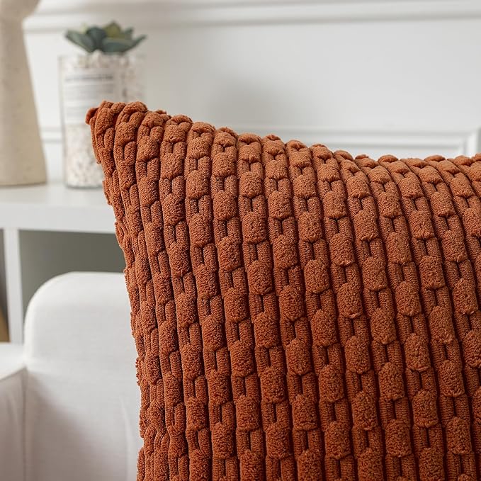 Kevin Textile Fall Throw Pillow Covers Soft Corduroy Decorative Set of 2 Boho Striped Pillow Covers Pillowcases Farmhouse Home Decor for Couch Bed Sofa Living Room 16x16 Inch Rust Brown