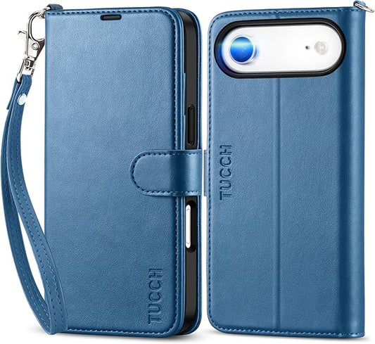 TUCCH Wallet Case for iPhone Air (6.5-Inch) 2025, Wrist Strap | RFID Blocking 4 Card Holders | Stand | Shockproof TPU Shell | PU Leather | Magnetic | Protective Flip Cover | Light Blue
