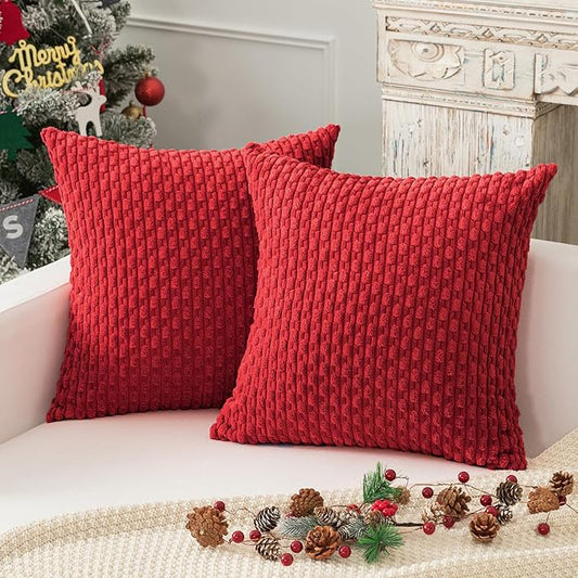 Kevin Textile Christmas Red Corduroy Decorative Throw Pillow Covers 16x16 Inch Pack of 2 Soft Boho Striped Pillow Covers Modern Farmhouse Home Decor for Sofa Living Room Couch Bed