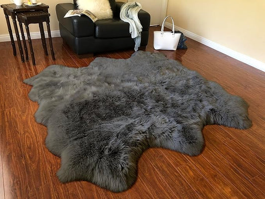 Free Shape Luxury Soft Fluffy Shag Area Rug Sexto 6 Pelts 6'x6',180x180 cm - Vegan Fur Ultra Soft Indoor Carpet Nursery Rugs for Bedroom Home Decor, Dark Grey