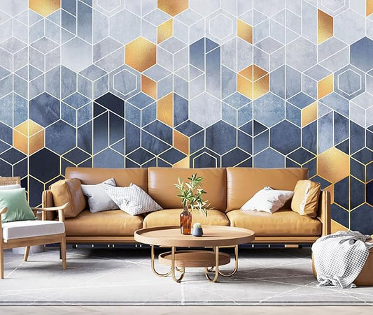 Blue and Gold Geometric Wallpaper Mural for Living Room Bedroom（Not Peel and Stick）