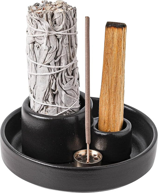 Ceramic Palo Santo and Sage Holder, Incense Holder for Palo Santo Sticks, Sage Burner Dish Stand with Ash Catcher, Modern Minimalist (Black)