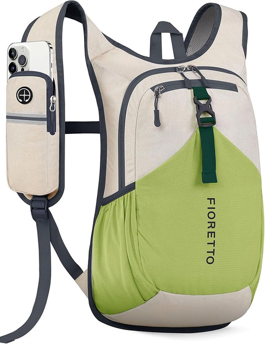 FIORETTO 15L Hiking Backpack for Women Men Mini Packable Backpack Lightweight Small Daypack for Camping Travel Outdoor, Beige and Green