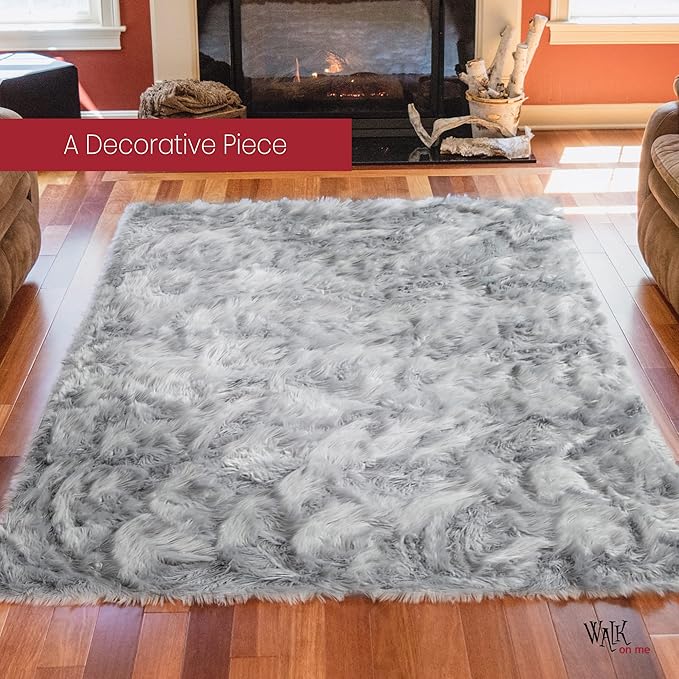 Silky Soft Faux Fur Rug, Sheepskin Area Rug, Shaggy Rug for Living Room, Bedroom, Kid's Room, or Nursery, Home Décor Accent, Machine Washable with Non-Slip Backing (Gray, Rectangle (2'x3'))