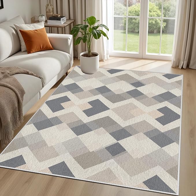 Modern Area Rug Living Room Rugs 3x5, Minimalist Soft Boho Geometric Rug, Non-Slip Washable Low Pile Non Shedding Carpet for Bedroom Office Dining Room Kitchen Nursery, Gray Beige White