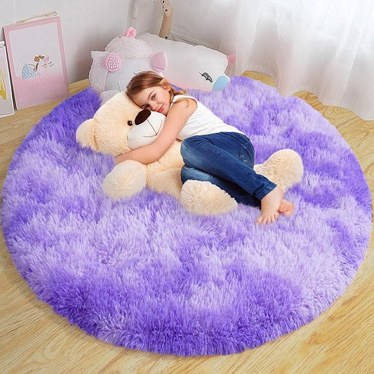 Round Fluffy Rugs 4Ft for Girls Bedroom, Tie-Dyed Purple Shag Circle Kids Rug Non-Slip for Bedside Dorm Nursery Playroom, Soft Cute Area Rugs for Living Room Decor
