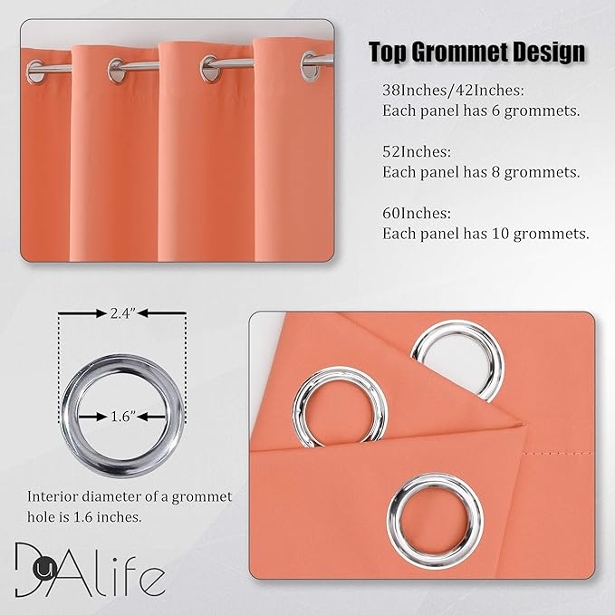 DUALIFE Extra Long 108 Inch Blackout Curtains Solid Grommet Thermal Insulated Room Darkening Winow Treatment Large Window Drapes 60 by 108 Inch Long 2 Panels Burnt Coral