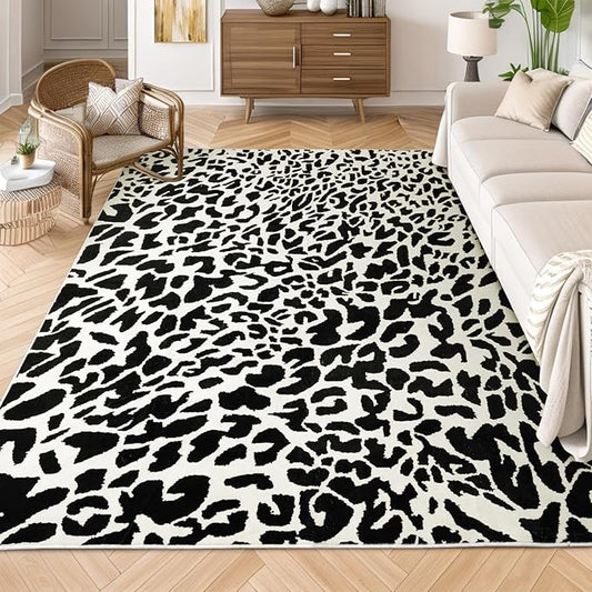YIHOUSE Leopard Rug for Living Room, Black and White Cute Cheetah Print Rug Modern Washable Animal Printed Rugs for Bedroom, Girls Boys Dorm Room Nursery Room, Playroom, 8x10