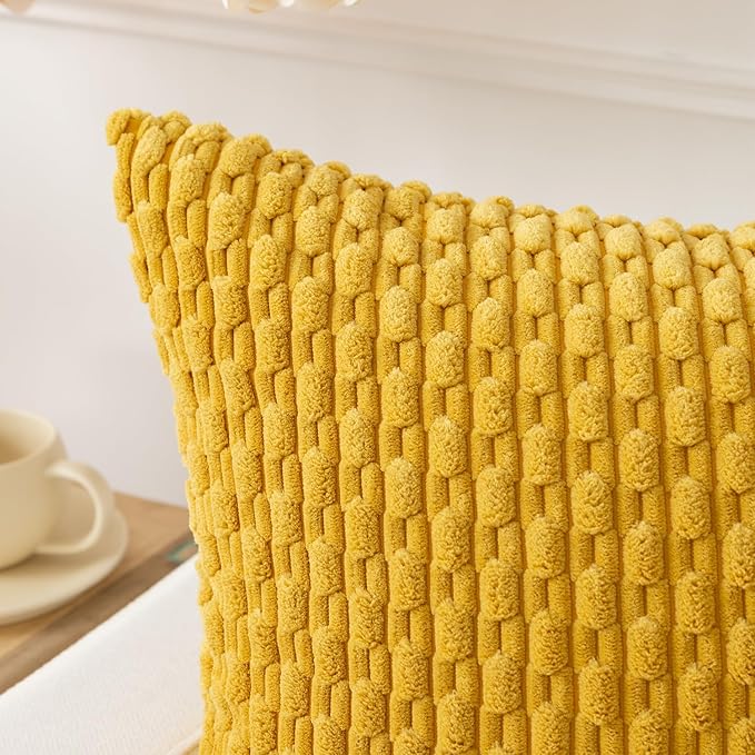 Kevin Textile Throw Pillow Covers Soft Corduroy Decorative Set of 2 Boho Striped Pillow Covers Pillowcases Farmhouse Home Decor for Couch Bed Sofa Living Room 12x20 Inch Mustard Yellow