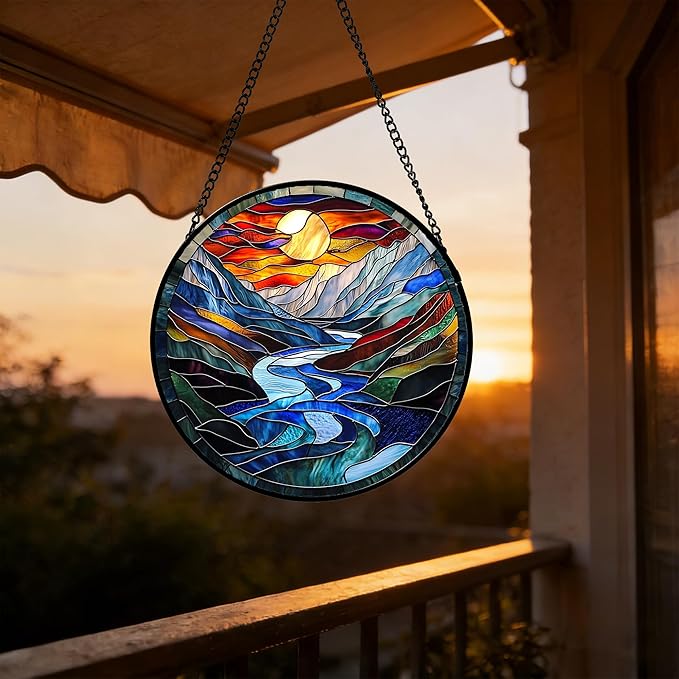 Stained Glass Window Hanging, Canyon Mountains Sunset View Sun Catcher for Window Home Decor Landscape Suncatcher Mother's Day Birthday Gifts for Women Men Mom and Nana 15 in