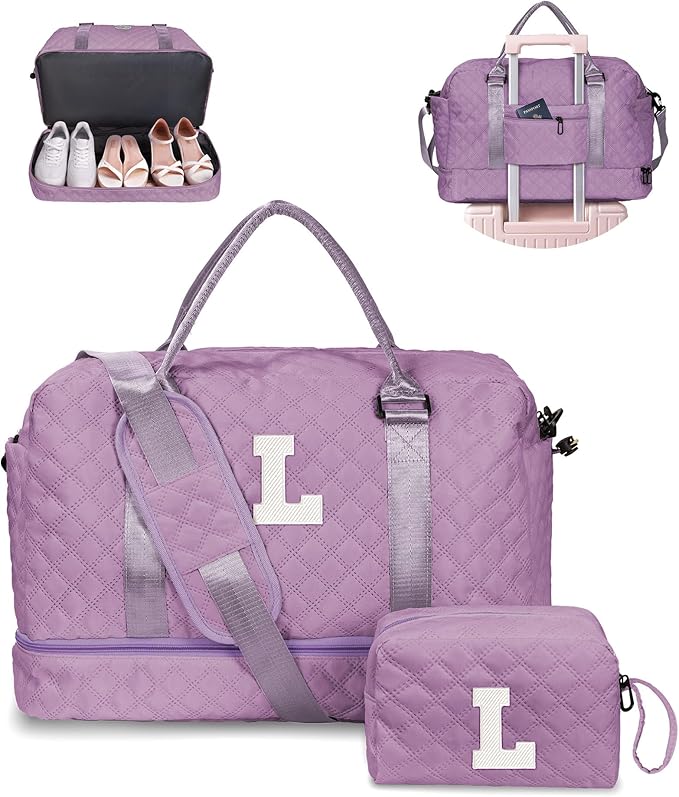 Vogewood Personalized Gifts-Girls Duffle With Shoe Compartment, Personalized Weekender, Monogram Overnight Bag, Letter Travel With Makeup Bag, Birthday Gift For Women Girl (Letter L)