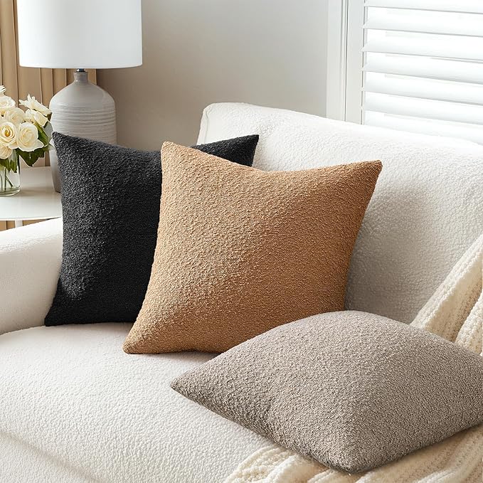 ANRODUO Pack of 2 Textured Boucle Throw Pillow Covers Soft Black Euro Decorative Accent Solid Pillow Cases Cozy Modern Couch Cushion Case for Chair Sofa Bedroom Living Room Home Decor, 24 x 24 Inch