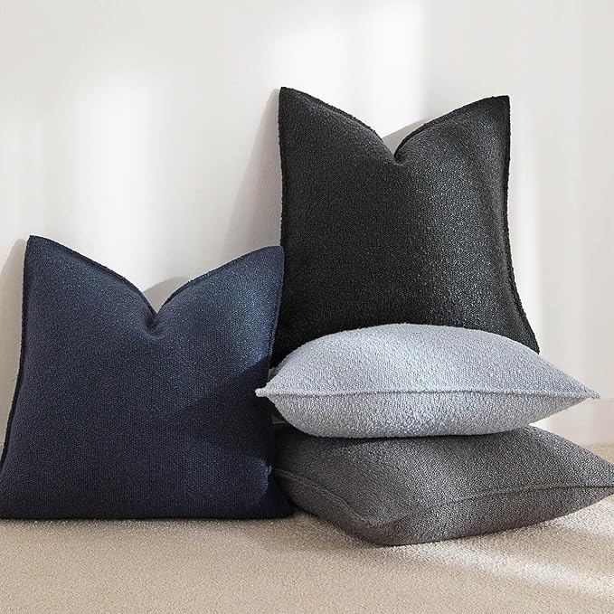 JUSPURBET Black Decorative Pillow Covers 18x18 Set of 2 Throw Pillow Covers for Couch Sofa Bed Cozy Boucle Textured Cushion Covers Cases with Hidden Zipper for Living Room Home Decor