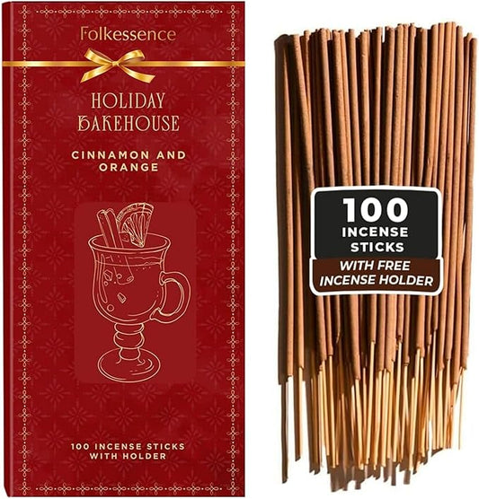 Folkulture Incense Sticks with Holder (100 Sticks)| Cinnamon & Orange Incense Stick for Meditation, Cleanse to Negative Energy | No Charcoal,Organic,Non Toxic, 45 Mins, Long Burning Insence-Sticks